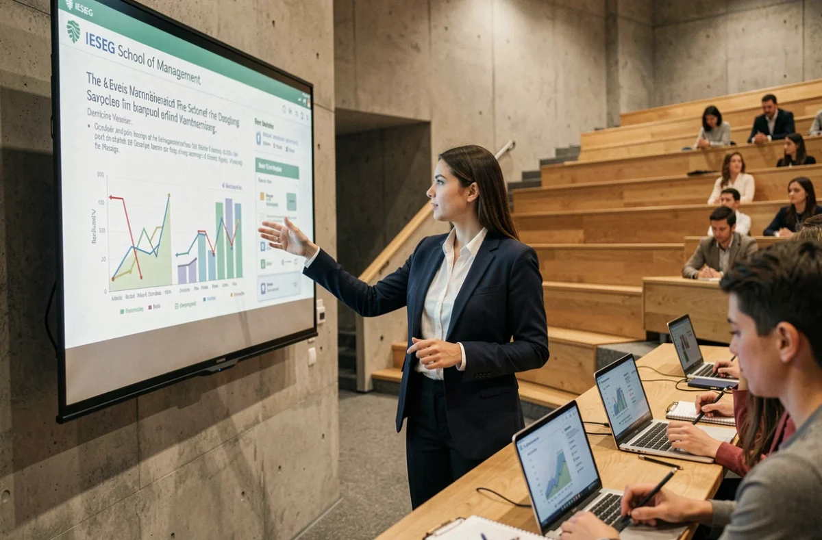 Étudiante présentant un cas d'entreprise dans l'amphithéâtre moderne de l'IESEG School of Management