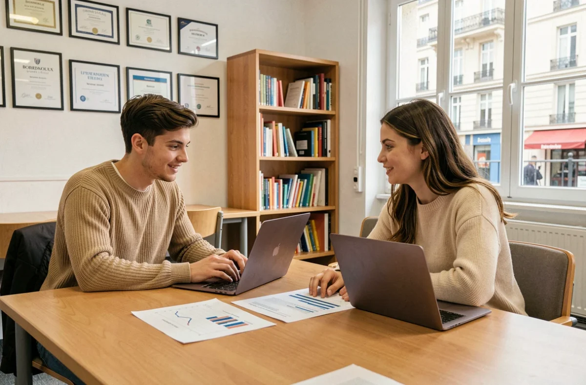Deux étudiants collaborant autour d'une table de séminaire dans les locaux d'INSEEC Grande École à Bordeaux