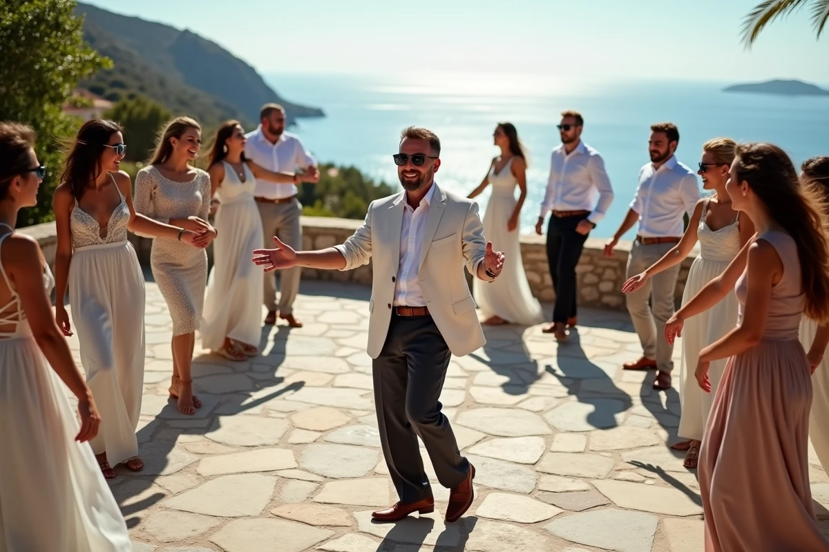 Instructeur de danse montrant le sirtaki aux invités en extérieur