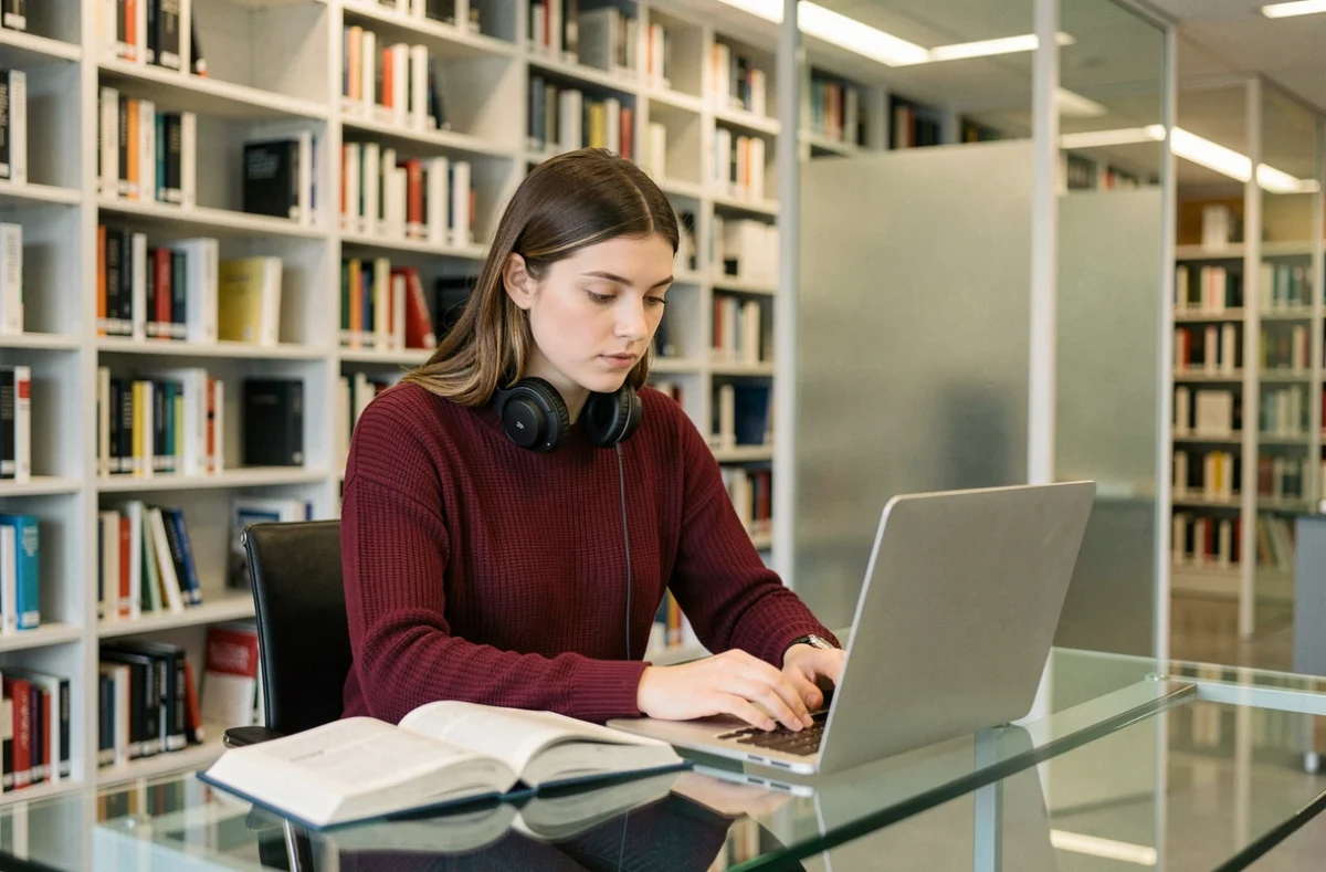 Étudiante en train d'étudier dans la bibliothèque moderne de l'IPAG Business School