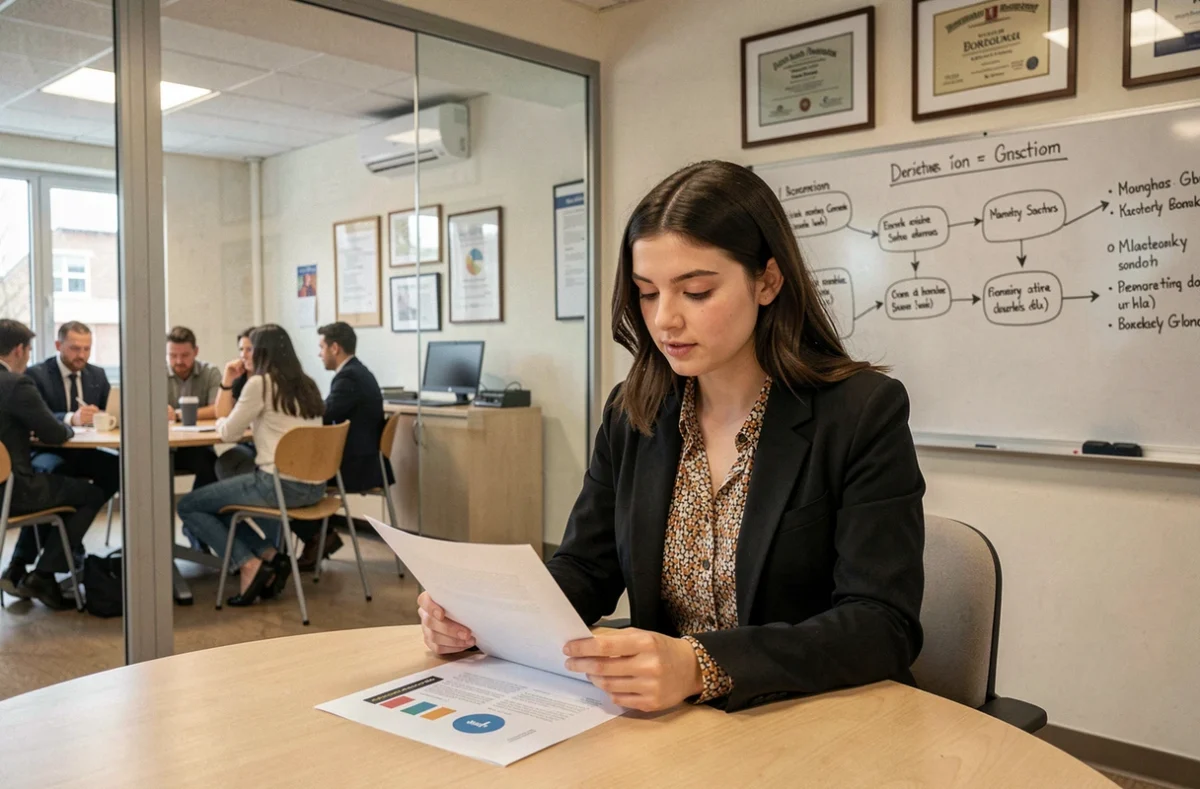 Étudiante analysant un rapport marketing dans une salle de réunion de l'ISEG Bordeaux