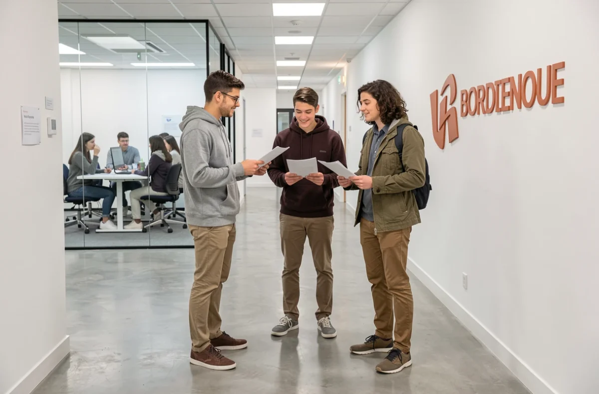 Groupe d'étudiants échangeant dans les couloirs modernes de l'ISG Bordeaux