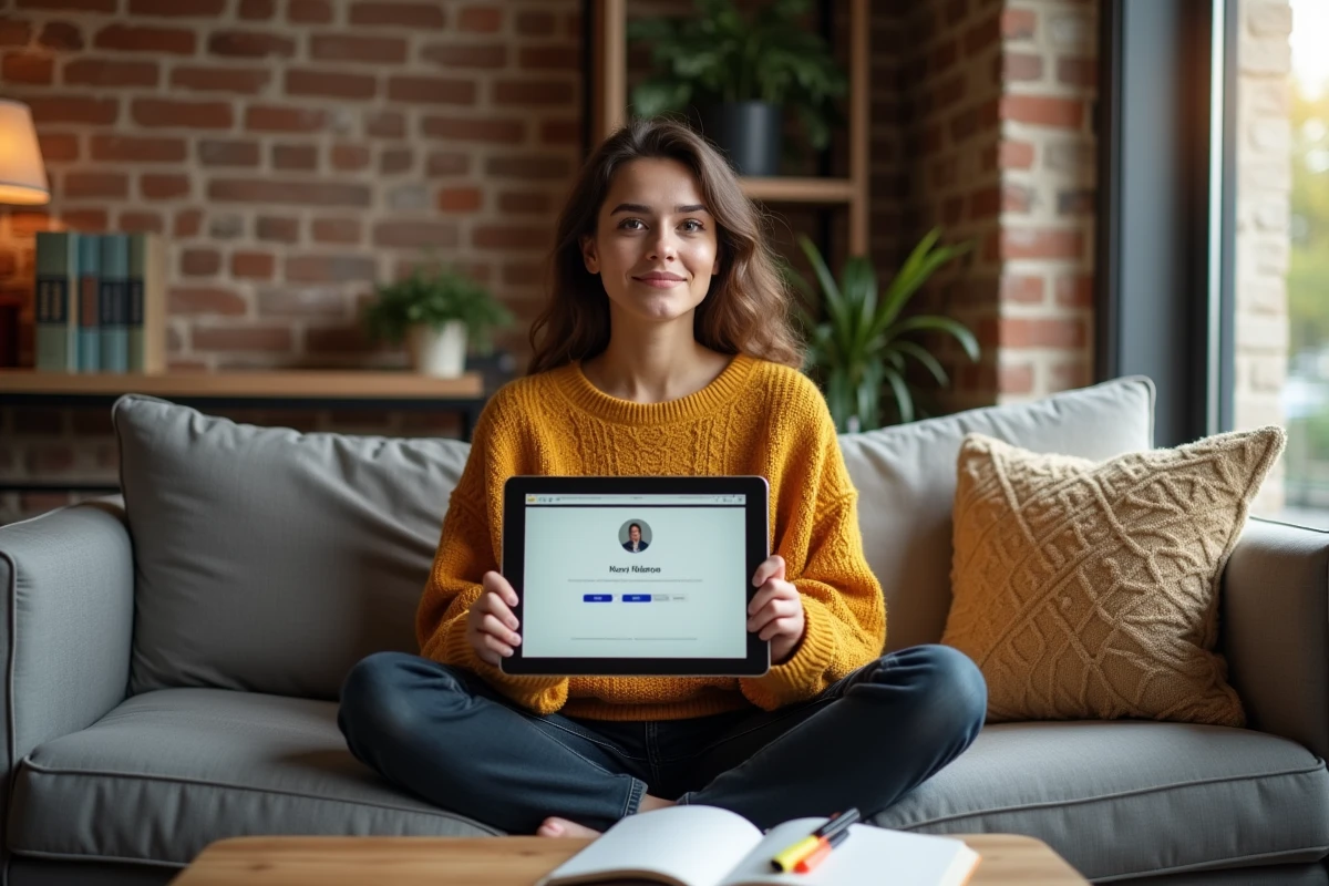 Jeune enseignante consultant son dossier professionnel sur I-Prof ou ArenA depuis chez elle sur tablette