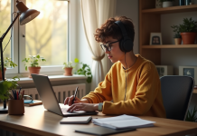 Jeune étudiant travaillant à un bureau à domicile avec ordinateur