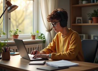 BTS SP3S : nos conseils pour bien gérer la formation à distance Jeune étudiant travaillant à un bureau à domicile avec ordinateur