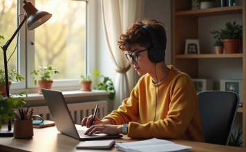 BTS SP3S : nos conseils pour bien gérer la formation à distance Jeune étudiant travaillant à un bureau à domicile avec ordinateur