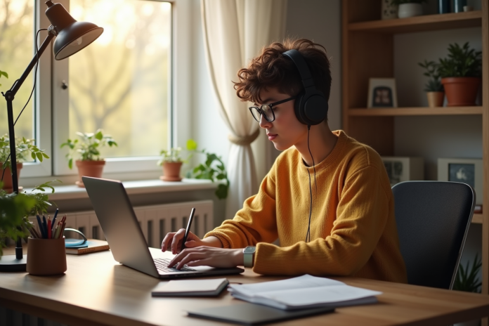 Jeune étudiant travaillant à un bureau à domicile avec ordinateur