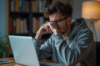 Étudiant de 22 ans frustré devant un message d'erreur sur son ordinateur