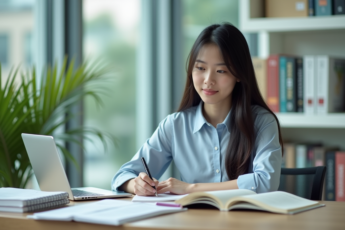 Jeune étudiante en psychologie prenant des notes à la bibliothèque