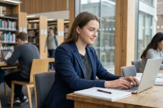 Jeune femme concentrée dans une bibliothèque universitaire
