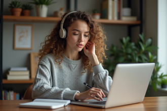 Jeune femme au bureau à domicile avec ordinateur et notes