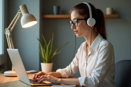 Jeune femme en bureau avec ordinateur et casque