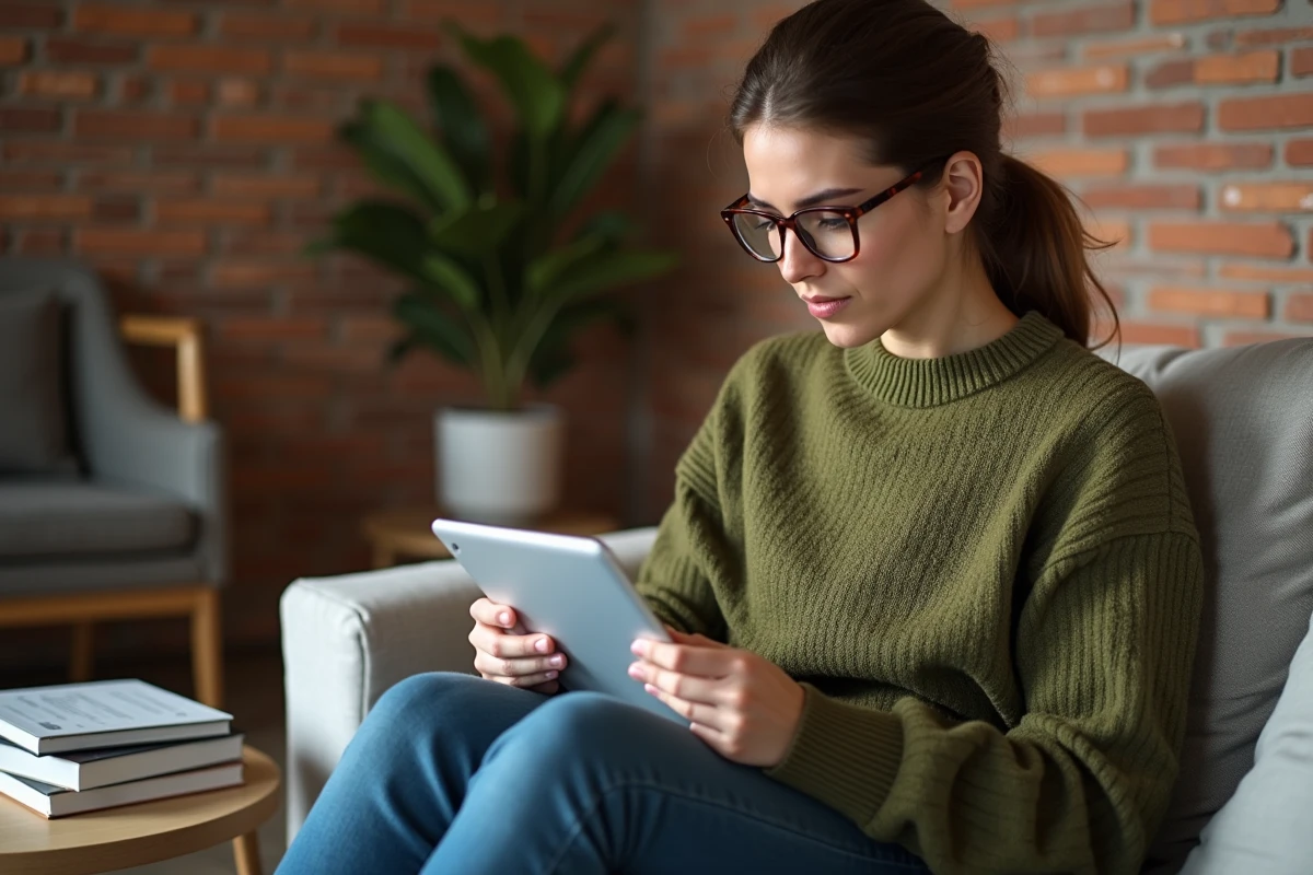 Jeune femme comparant les options tarifaires d'un logiciel emailing sur une tablette depuis son canapé