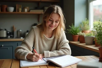 Jeune femme en train de copier des verbes espagnols sur un tableau