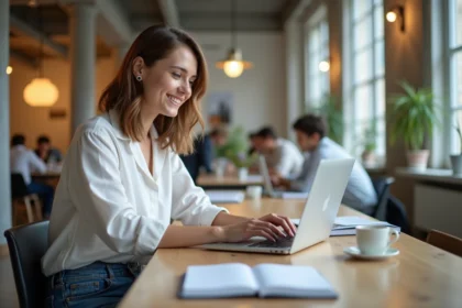 Jeune femme souriante travaillant sur son ordinateur dans un espace de coworking parisien