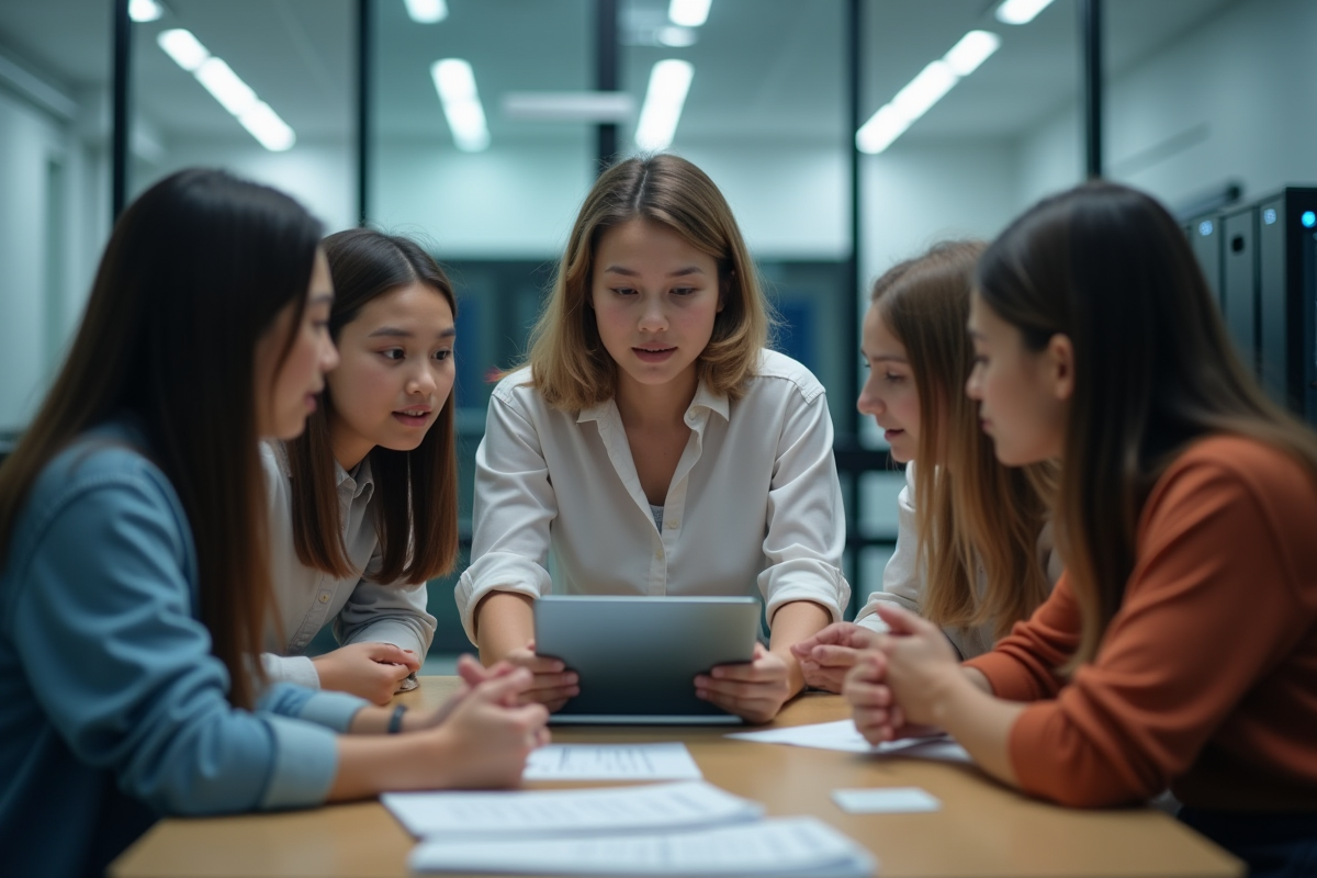 Jeune femme discutant avec ses camarades dans un laboratoire tech