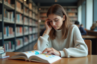 Jeune femme étudie un diagramme coloré dans une bibliothèque