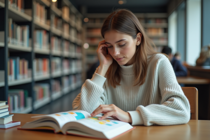 Jeune femme étudie un diagramme coloré dans une bibliothèque