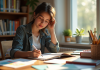 Jeune femme étudiant à un bureau lumineux avec livres et notes