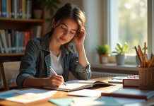 Jeune femme étudiant à un bureau lumineux avec livres et notes