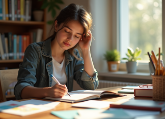 Jeune femme étudiant à un bureau lumineux avec livres et notes