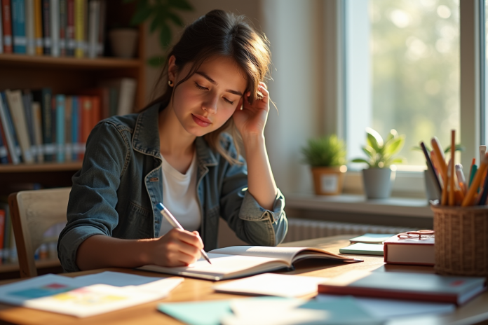Jeune femme étudiant à un bureau lumineux avec livres et notes