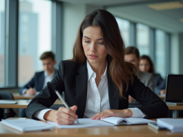 Analyste financier : choisir la meilleure formation pour réussir sa carrière Jeune femme en formation finance dans une salle moderne