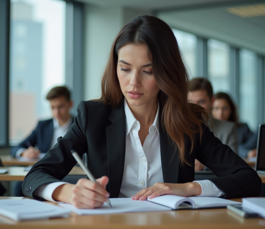 Analyste financier : choisir la meilleure formation pour réussir sa carrière Jeune femme en formation finance dans une salle moderne