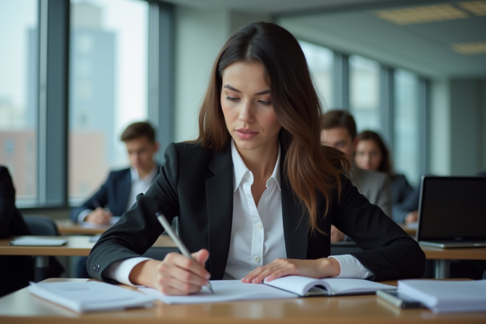 Jeune femme en formation finance dans une salle moderne