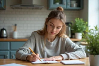 Jeune femme mesure un cylindre en acrylic dans la cuisine
