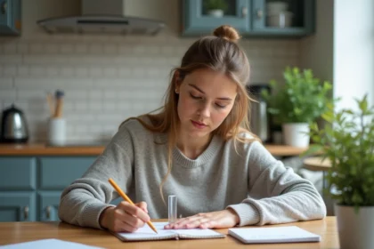 Jeune femme mesure un cylindre en acrylic dans la cuisine