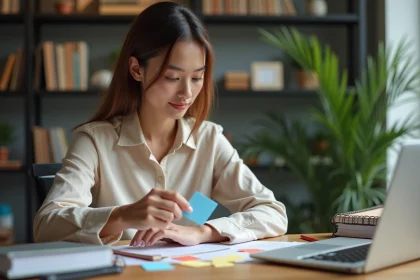 Jeune femme organisée dans un bureau moderne avec cartes et ordinateur