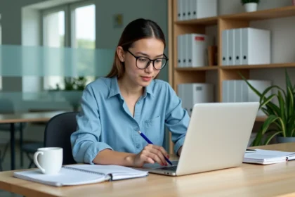 Jeune femme organisée avec ordinateur dans un bureau moderne