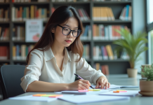 Méthodologie de recherche : étapes clés pour réussir votre démarche Jeune femme organisant des notes colorées dans une bibliothèque