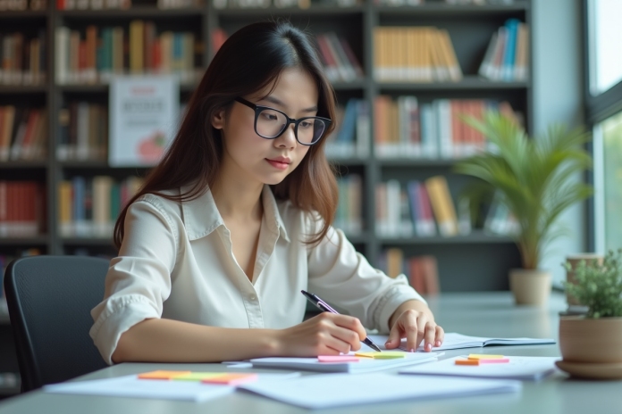 jeune-femme-organisation-notes Jeune femme organisant des notes colorées dans une bibliothèque