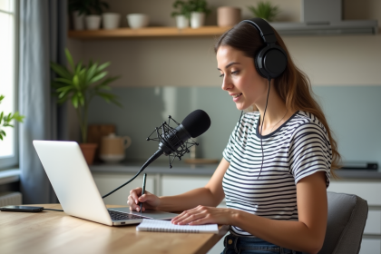Jeune femme en cuisine parlant dans un micro pour podcast