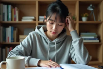 Jeune femme révisant un exemple de test TOEIC officiel corrigé avec des annotations sur son bureau en bois