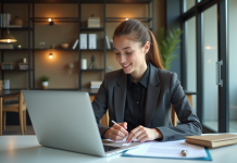Jeune femme en bureau étudiant documents et ordinateur