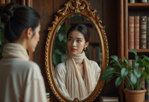 Jeune femme élégante dans un intérieur bibliothèque avec miroir