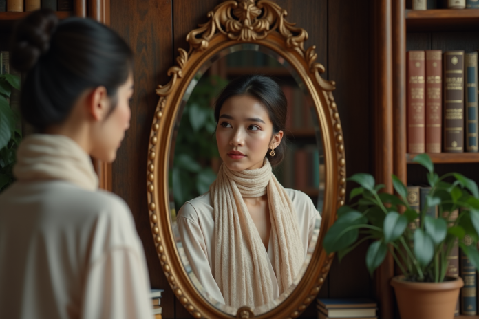 jeune-femme-vintage-miroir Jeune femme élégante dans un intérieur bibliothèque avec miroir