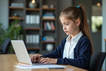 Jeune fille de 14 ans au bureau travaillant sur un ordinateur