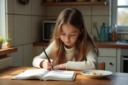 Jeune fille concentrée écrivant dans un cahier en cuisine lumineuse