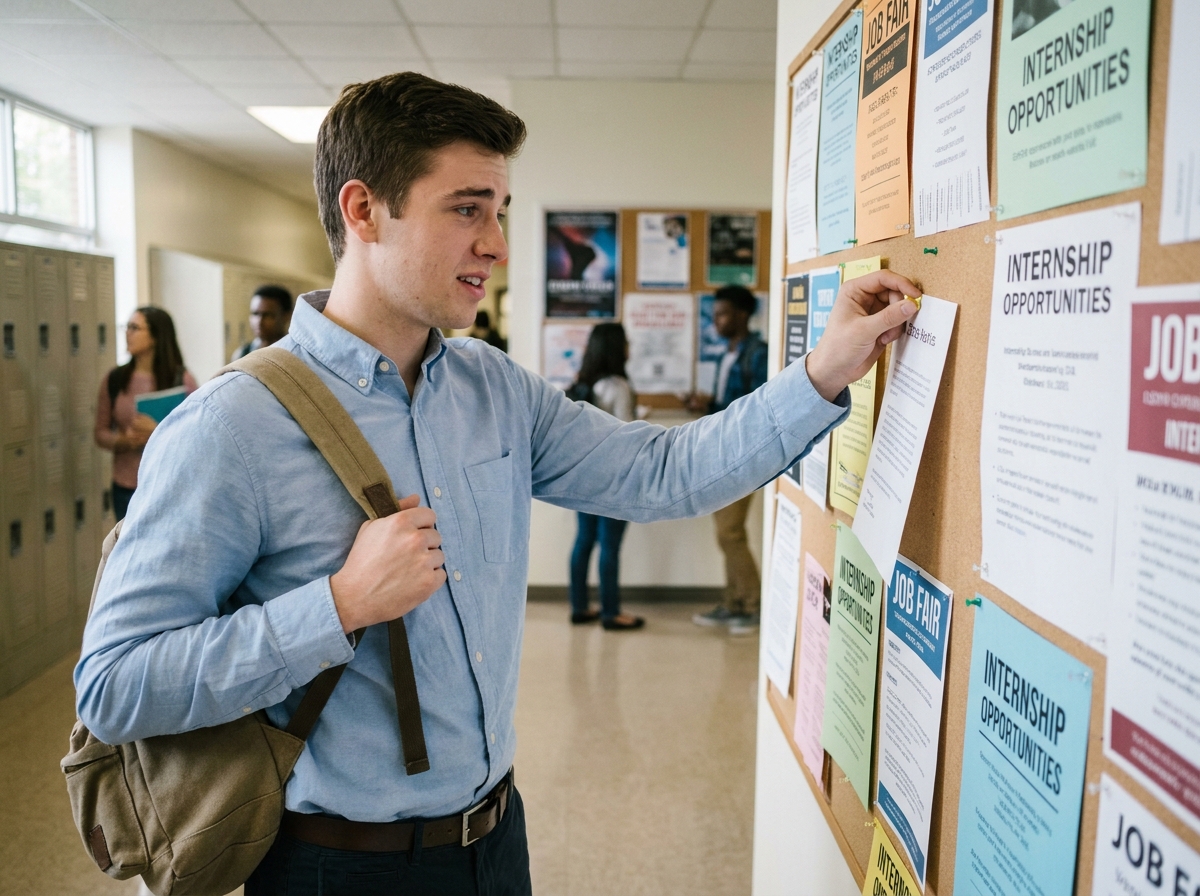 Jeune homme affichant un CV dans un couloir universitaire