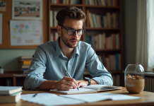 Méthode Feynman : explication en profondeur et utilisation pratique Jeune homme en étude concentré dans un bureau cosy