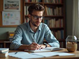 Méthode Feynman : explication en profondeur et utilisation pratique Jeune homme en étude concentré dans un bureau cosy