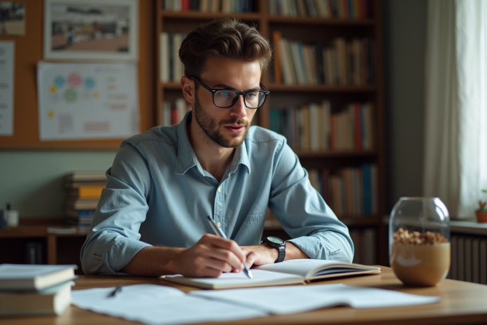 Jeune homme en étude concentré dans un bureau cosy