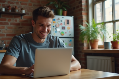 Jeune homme souriant travaillant sur son ordinateur dans un appartement chaleureux