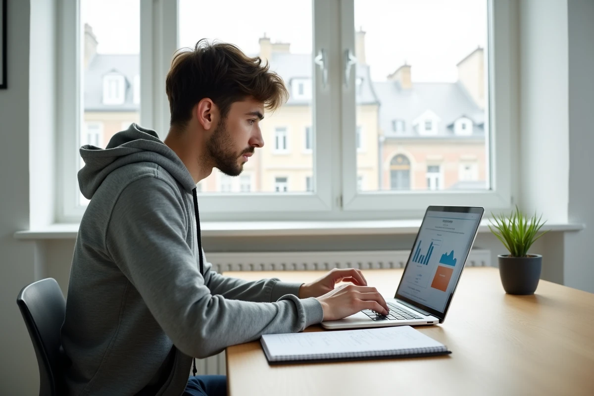 Jeune homme étudiant comparant une prépa ECE et une licence universitaire sur son ordinateur portable dans son appartement