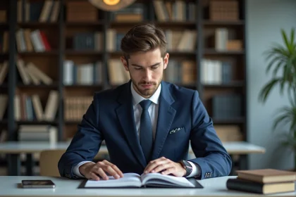 Jeune homme en costume met à jour son CV sur un ordinateur