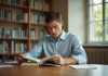 Jeune homme lisant un livre dans une bibliothèque universitaire